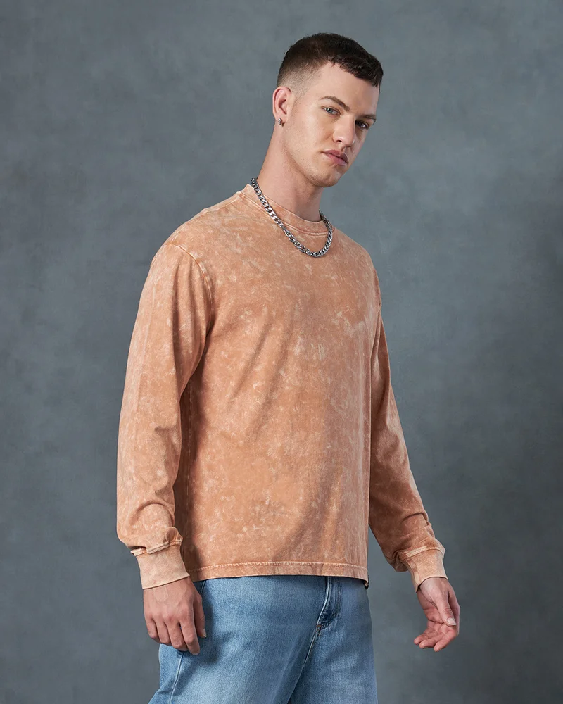 bewakoof Men's Orange Oversized Acid Wash T-shirt